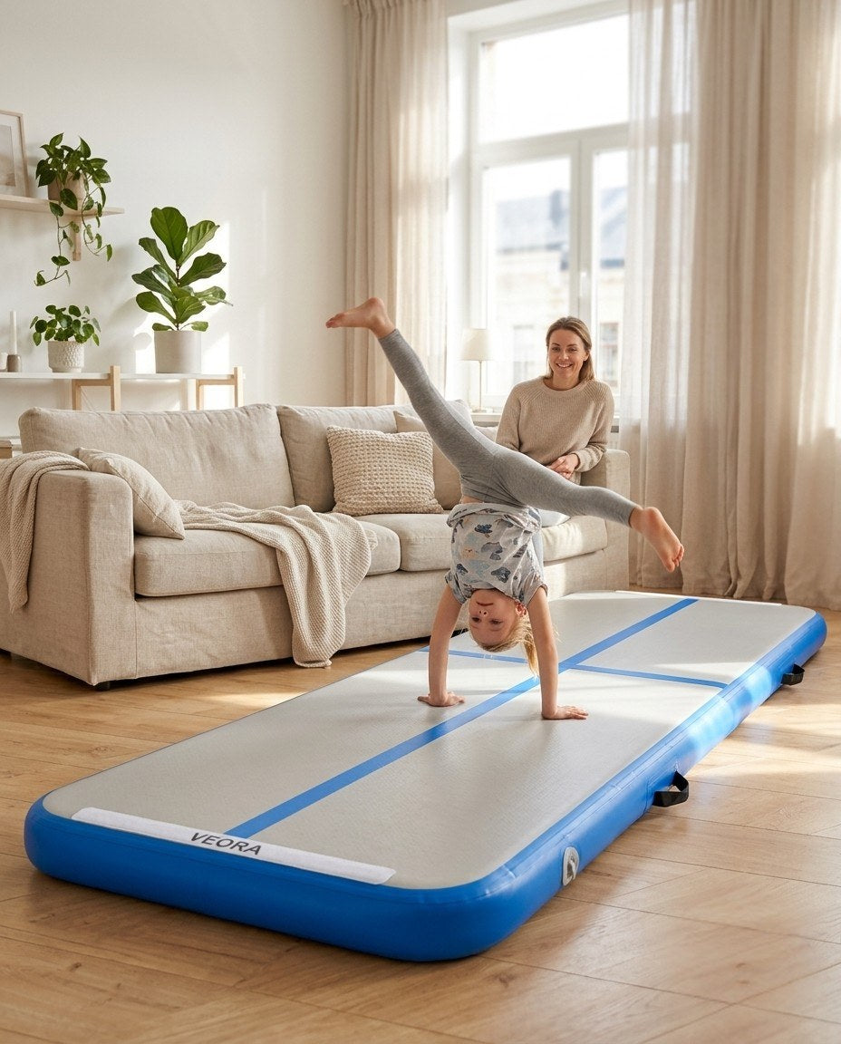 Veora Airtrack in a living room - cartwheel on the gymnastics mat