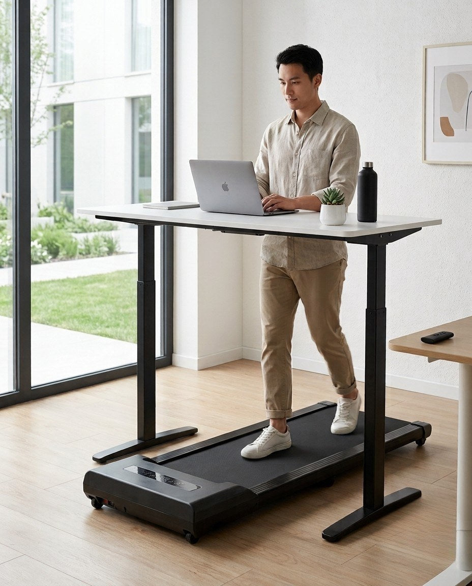 Veora Walking Pad under a standing desk - walking while working