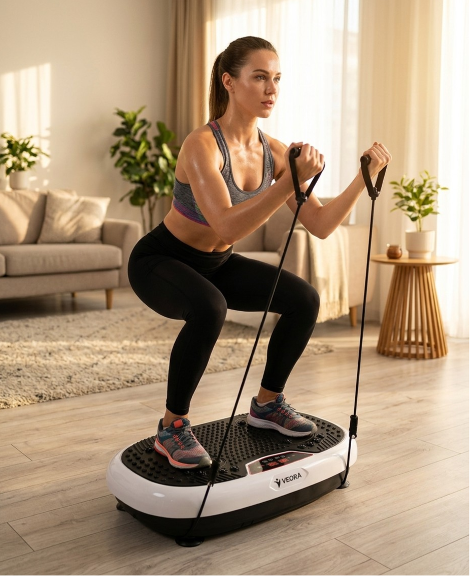 Veora Vibration Plate Pro - squats with resistance bands at home